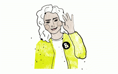 Zeichnung einer winkenden Frau mit gelber Jacke